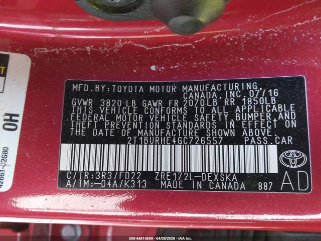Продаж на аукціоні авто 2016 Toyota Corolla S Plus, vin: 2T1BURHE4GC726557, номер лоту: 44814999
