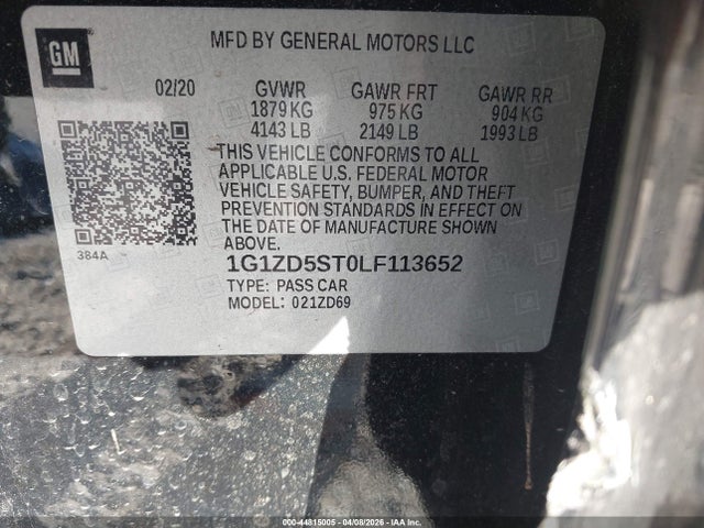 Aukcja sprzedaży 2020 Chevrolet Malibu Fwd Lt, vin: 1G1ZD5ST0LF113652, numer aukcji: 44815005