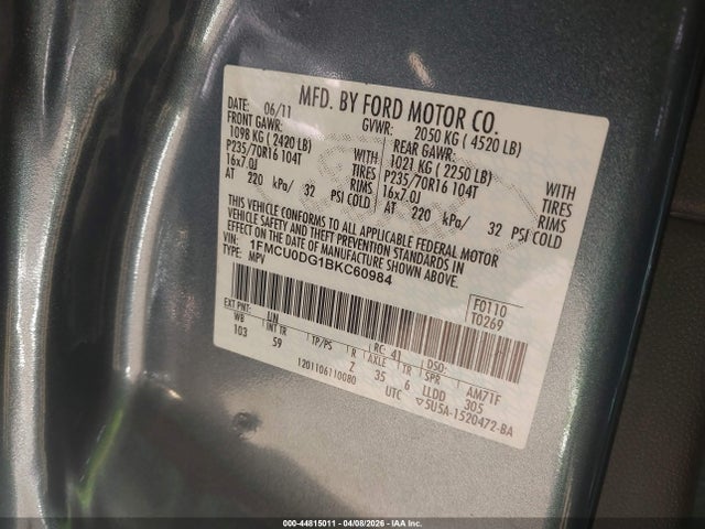 Auction sale of the 2011 Ford Escape Xlt, vin: 1FMCU0DG1BKC60984, lot number: 44815011