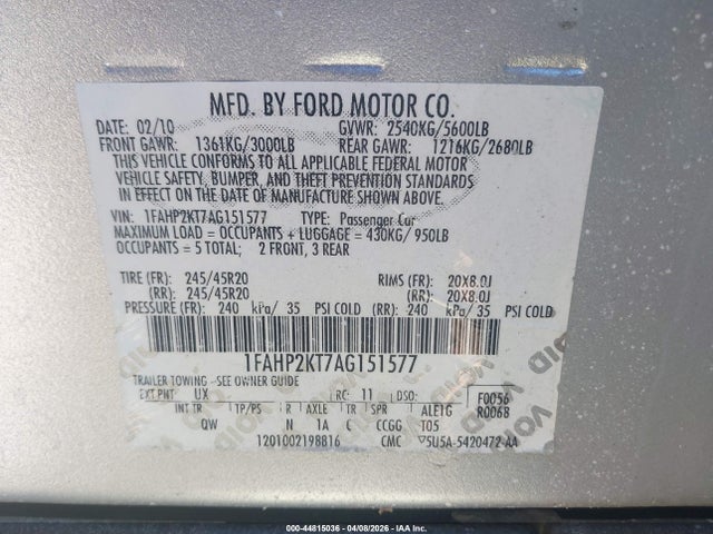 2010 FORD TAURUS 1FAHP2KT7AG151577 Photo 8