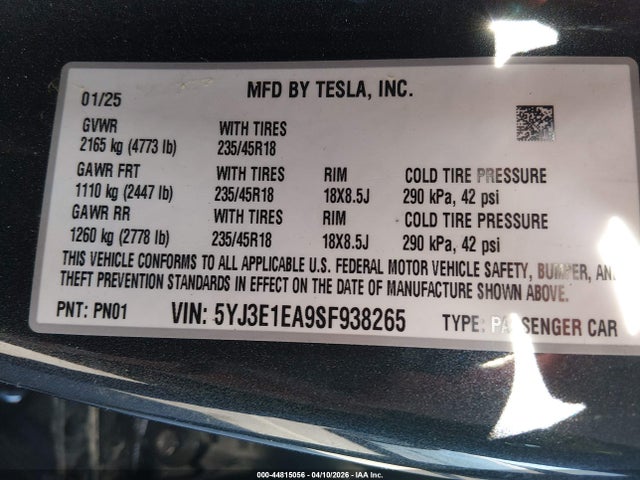 44815056 :رقم المزاد ، 5YJ3E1EA9SF938265 vin ، 2025 Tesla Model 3 Long Range Rear-wheel Drive/standard Rear-wheel Drive مزاد بيع
