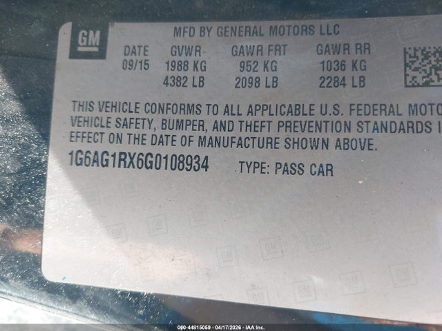 2016 Cadillac Ats Standard მანქანა იყიდება აუქციონზე, vin: 1G6AG1RX6G0108934, აუქციონის ნომერი: 44815059