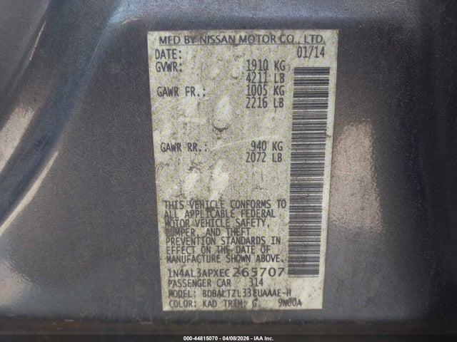 2014 Nissan Altima 2.5 Sv მანქანა იყიდება აუქციონზე, vin: 1N4AL3APXEC265707, აუქციონის ნომერი: 44815070
