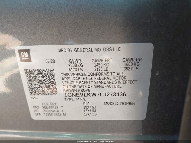 Продаж на аукціоні авто 2020 Chevrolet Traverse Awd 1fl, vin: 1GNEVLKW7LJ273436, номер лоту: 44815071