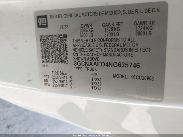 44815102 :رقم المزاد ، 3GCNAAED4NG635746 vin ، 2022 Chevrolet Silverado 1500 2wd  Long Bed Wt مزاد بيع