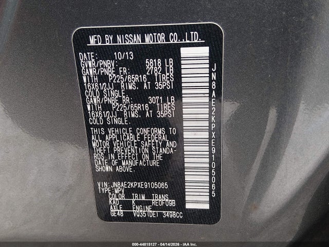 Aukcja sprzedaży 2014 Nissan Quest S, vin: JN8AE2KPXE9105065, numer aukcji: 44815127