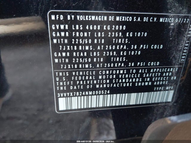 2022 Volkswagen Taos 1.5t Se მანქანა იყიდება აუქციონზე, vin: 3VVYX7B24NM090524, აუქციონის ნომერი: 44815136