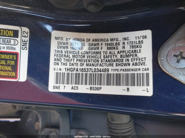 Aukcja sprzedaży 2007 Honda Civic Lx, vin: 1HGFA16537L034489, numer aukcji: 44815137