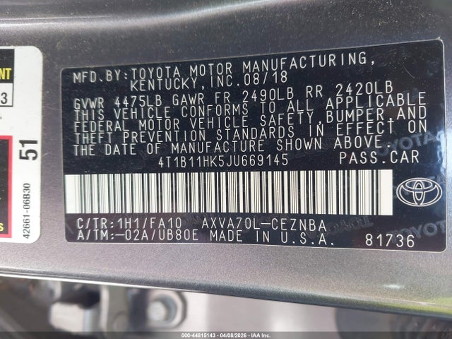 44815143 :رقم المزاد ، 4T1B11HK5JU669145 vin ، 2018 Toyota Camry Le مزاد بيع
