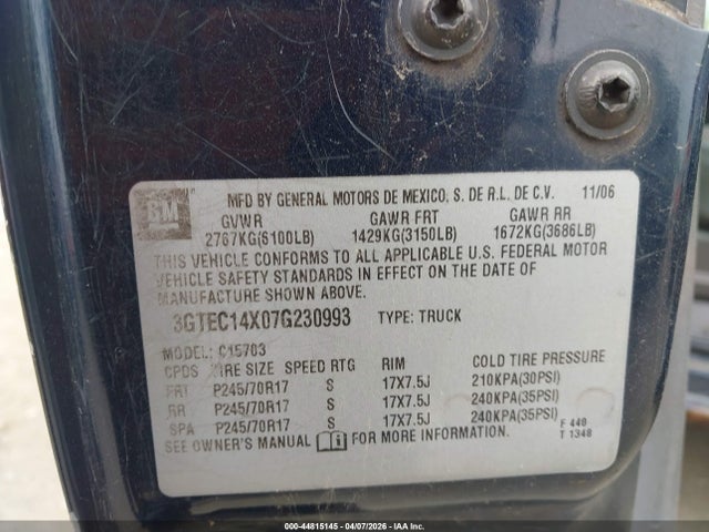 44815145 :رقم المزاد ، 3GTEC14X07G230993 vin ، 2007 Gmc Sierra 1500 Classic Work مزاد بيع