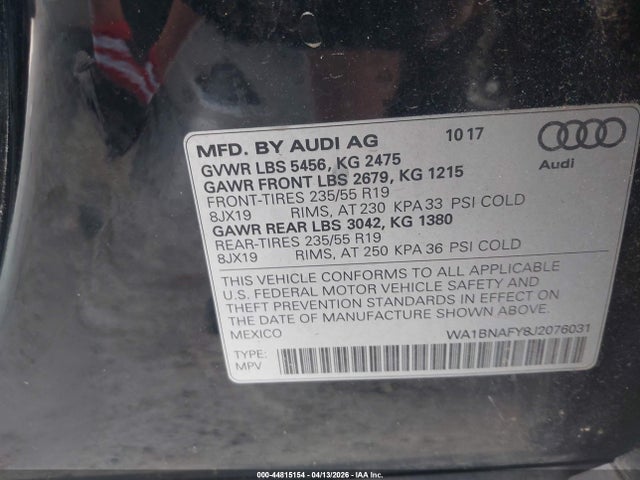 Aukcja sprzedaży 2018 Audi Q5 2.0t Premium/2.0t Tech Premium, vin: WA1BNAFY8J2076031, numer aukcji: 44815154