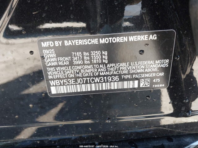 Aukcja sprzedaży 2026 Bmw I7 Xdrive60, vin: WBY53EJ07TCW31936, numer aukcji: 44815157