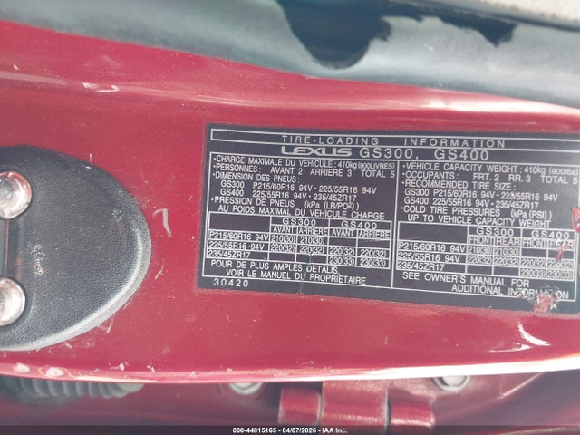 44815165 :رقم المزاد ، JT8BH68X2W0008999 vin ، 1998 Lexus Gs 400 مزاد بيع