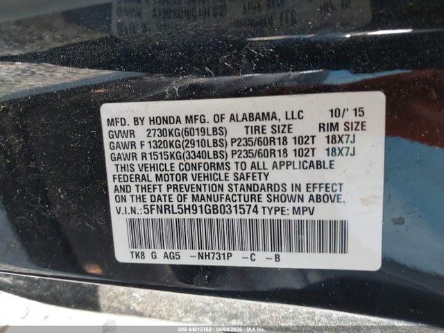 Aukcja sprzedaży 2016 Honda Odyssey Touring/touring Elite, vin: 5FNRL5H91GB031574, numer aukcji: 44815169