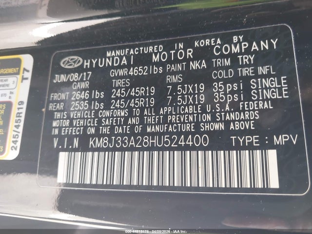 Aukcja sprzedaży 2017 Hyundai Tucson Sport, vin: KM8J33A28HU524400, numer aukcji: 44815178