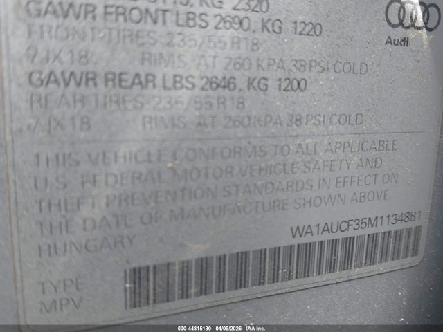 44815180 :رقم المزاد ، WA1AUCF35M1134881 vin ، 2021 Audi Q3 Premium 40 Tfsi Quattro Tiptronic مزاد بيع