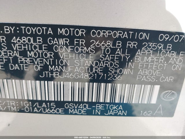 Auction sale of the 2008 Lexus Es 350, vin: JTHBJ46G482171236, lot number: 44815204