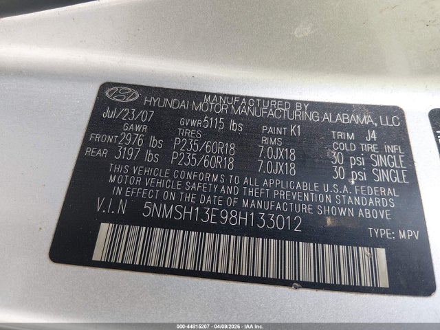 2008 Hyundai Santa Fe Limited/se მანქანა იყიდება აუქციონზე, vin: 5NMSH13E98H133012, აუქციონის ნომერი: 44815207