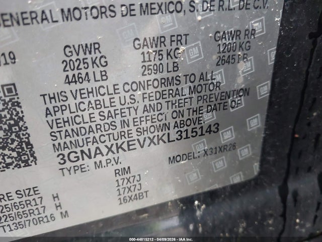 Продажа на аукционе авто 2019 Chevrolet Equinox Lt, vin: 3GNAXKEVXKL315143, номер лота: 44815212