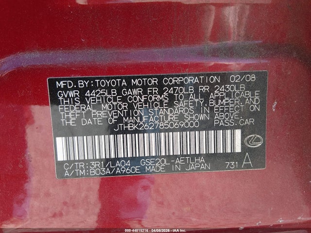 Продажа на аукционе авто 2008 Lexus Is 250, vin: JTHBK262785069000, номер лота: 44815216
