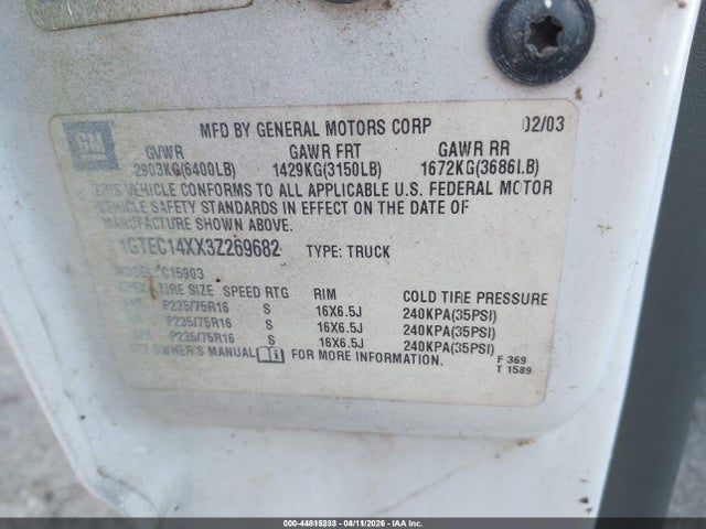 Aukcja sprzedaży 2003 Gmc Sierra 1500 Work Truck, vin: 1GTEC14XX3Z269682, numer aukcji: 44815233