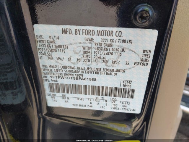 Продаж на аукціоні авто 2014 Ford F-150 Lariat, vin: 1FTFW1CT5EFA81568, номер лоту: 44815235