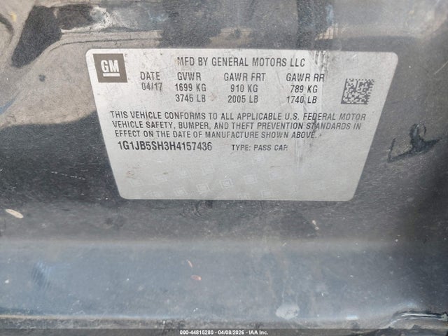 Aukcja sprzedaży 2017 Chevrolet Sonic Ls Auto, vin: 1G1JB5SH3H4157436, numer aukcji: 44815280