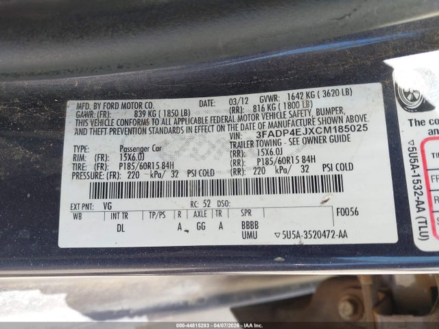Продаж на аукціоні авто 2012 Ford Fiesta Se, vin: 3FADP4EJXCM185025, номер лоту: 44815283