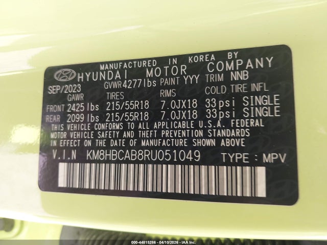 2024 Hyundai Kona Sel მანქანა იყიდება აუქციონზე, vin: KM8HBCAB8RU051049, აუქციონის ნომერი: 44815286