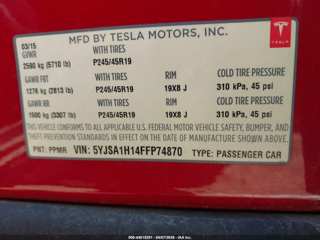 2015 TESLA MODEL S 5YJSA1H14FFP74870 Photo 8