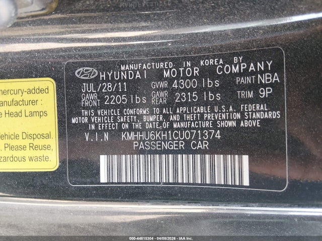 Aukcja sprzedaży 2012 Hyundai Genesis 3.8 Track, vin: KMHHU6KH1CU071374, numer aukcji: 44815304