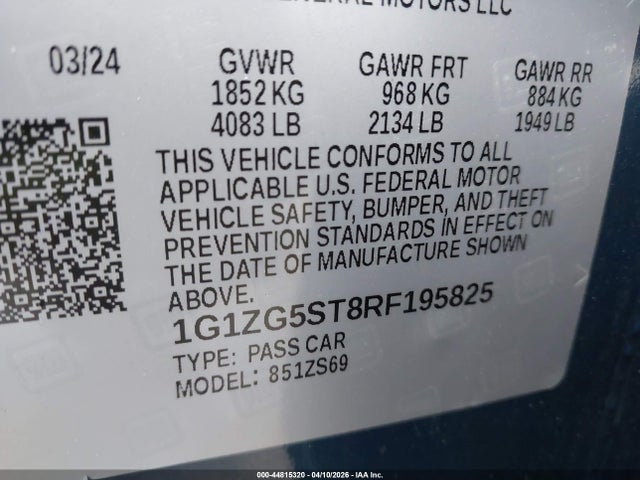 Продажа на аукционе авто 2024 Chevrolet Malibu Fwd Rs, vin: 1G1ZG5ST8RF195825, номер лота: 44815320