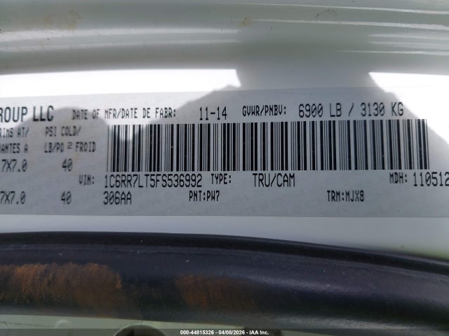 44815326 :رقم المزاد ، 1C6RR7LT5FS536992 vin ، 2015 Ram 1500 Slt مزاد بيع