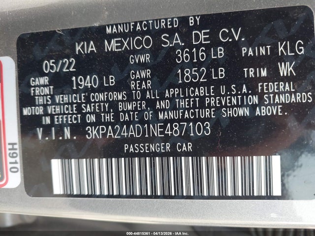 44815361 :رقم المزاد ، 3KPA24AD1NE487103 vin ، 2022 Kia Rio S مزاد بيع