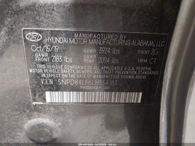 2020 Hyundai Elantra Sel მანქანა იყიდება აუქციონზე, vin: 5NPD84LF6LH554183, აუქციონის ნომერი: 44815404