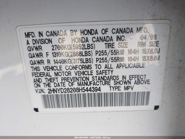 44815432 :رقم المزاد ، 2HNYD28208H544394 vin ، 2008 Acura Mdx مزاد بيع