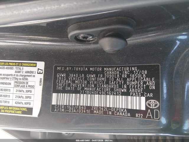 2009 Toyota Corolla Le მანქანა იყიდება აუქციონზე, vin: 2T1BU40E49C162412, აუქციონის ნომერი: 44815461