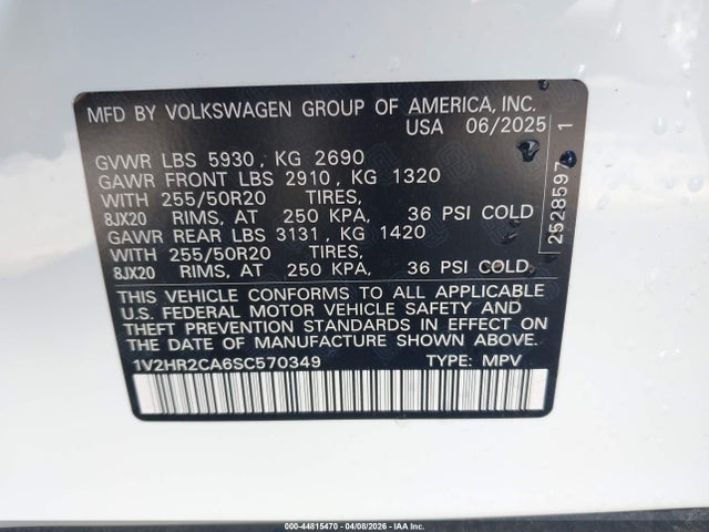 Aukcja sprzedaży 2025 Volkswagen Atlas 2.0t Se W/technology, vin: 1V2HR2CA6SC570349, numer aukcji: 44815470