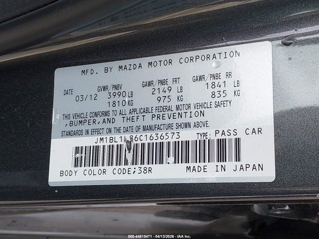 44815471 :رقم المزاد ، JM1BL1L86C1636573 vin ، 2012 Mazda Mazda3 I Touring مزاد بيع