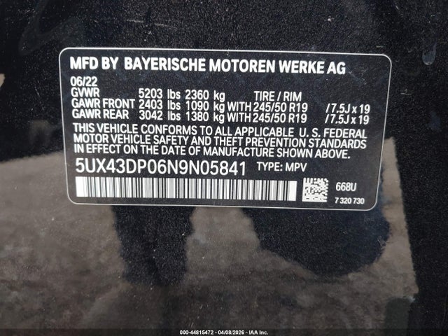 Продаж на аукціоні авто 2022 Bmw X3 Sdrive30i, vin: 5UX43DP06N9N05841, номер лоту: 44815472