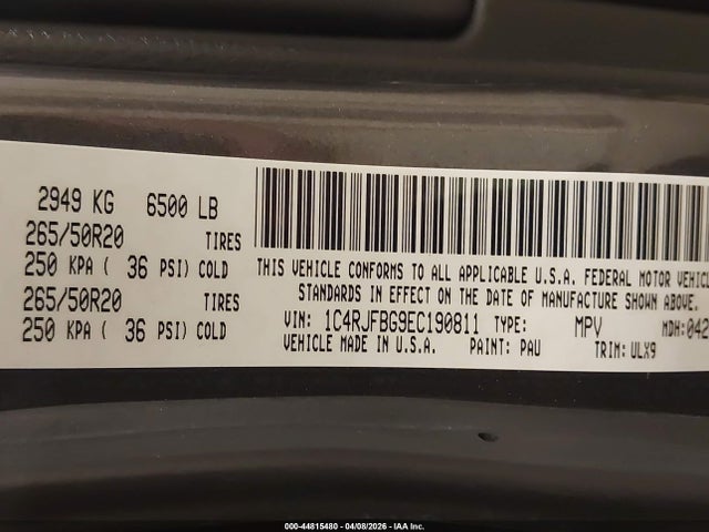 Продажа на аукционе авто 2014 Jeep Grand Cherokee Limited, vin: 1C4RJFBG9EC190811, номер лота: 44815480