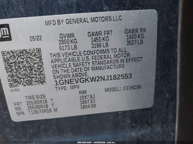 44815481 :رقم المزاد ، 1GNEVGKW2NJ182553 vin ، 2022 Chevrolet Traverse Awd Lt Cloth مزاد بيع