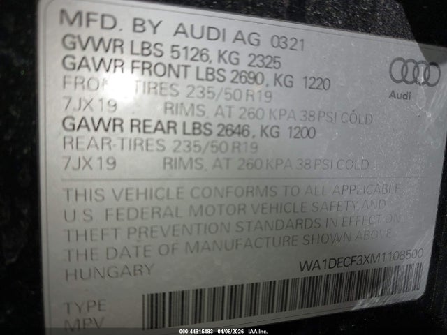 2021 Audi Q3 Premium 45 Tfsi S Line Quattro Tiptronic მანქანა იყიდება აუქციონზე, vin: WA1DECF3XM1108500, აუქციონის ნომერი: 44815483