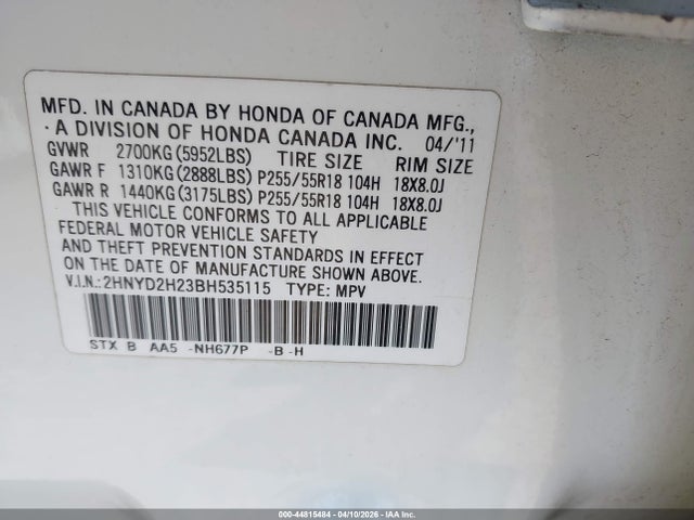 Продаж на аукціоні авто 2011 Acura Mdx, vin: 2HNYD2H23BH535115, номер лоту: 44815484