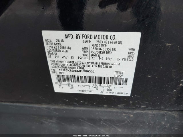 1FM5K8D83JGC86333 Ford EXPLORER XLT