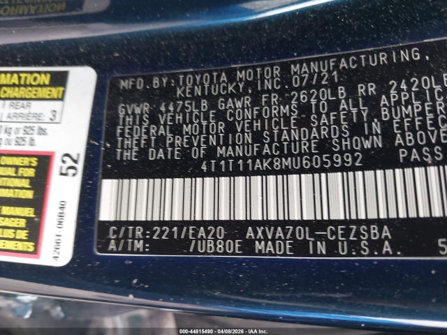 2021 Toyota Camry Se მანქანა იყიდება აუქციონზე, vin: 4T1T11AK8MU605992, აუქციონის ნომერი: 44815490