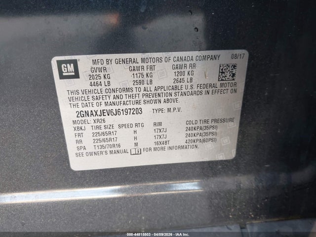 Aukcja sprzedaży 2018 Chevrolet Equinox Lt, vin: 2GNAXJEV6J6197203, numer aukcji: 44815503