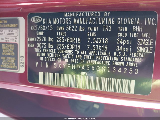 2016 KIA SORENTO 5XYPHDA5XGG134253 Photo 8