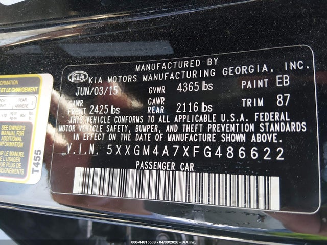 2015 Kia Optima Lx მანქანა იყიდება აუქციონზე, vin: 5XXGM4A7XFG486622, აუქციონის ნომერი: 44815538