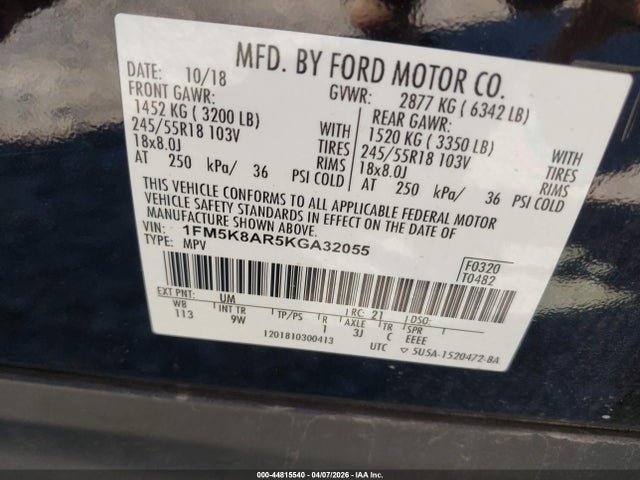 1FM5K8AR5KGA32055 Ford Police Interceptor Utility